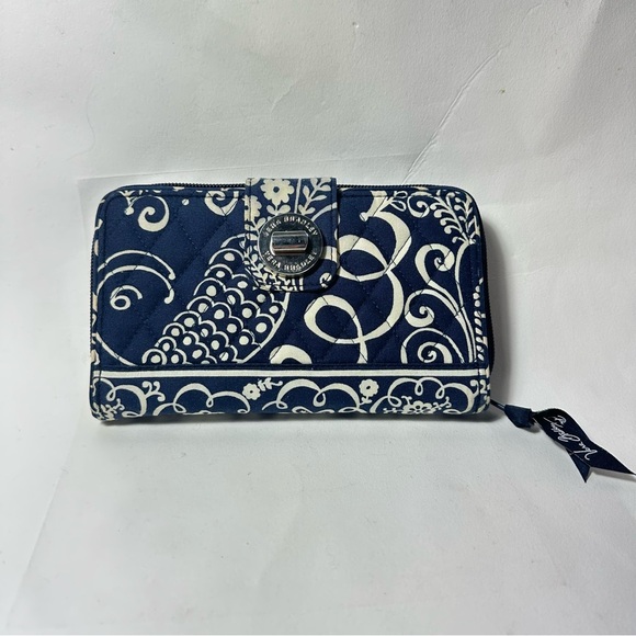 Vera Bradley Twirly Birds Navy Turn Lock Long Wallet Clutch Multi Compartment - Picture 2 of 11